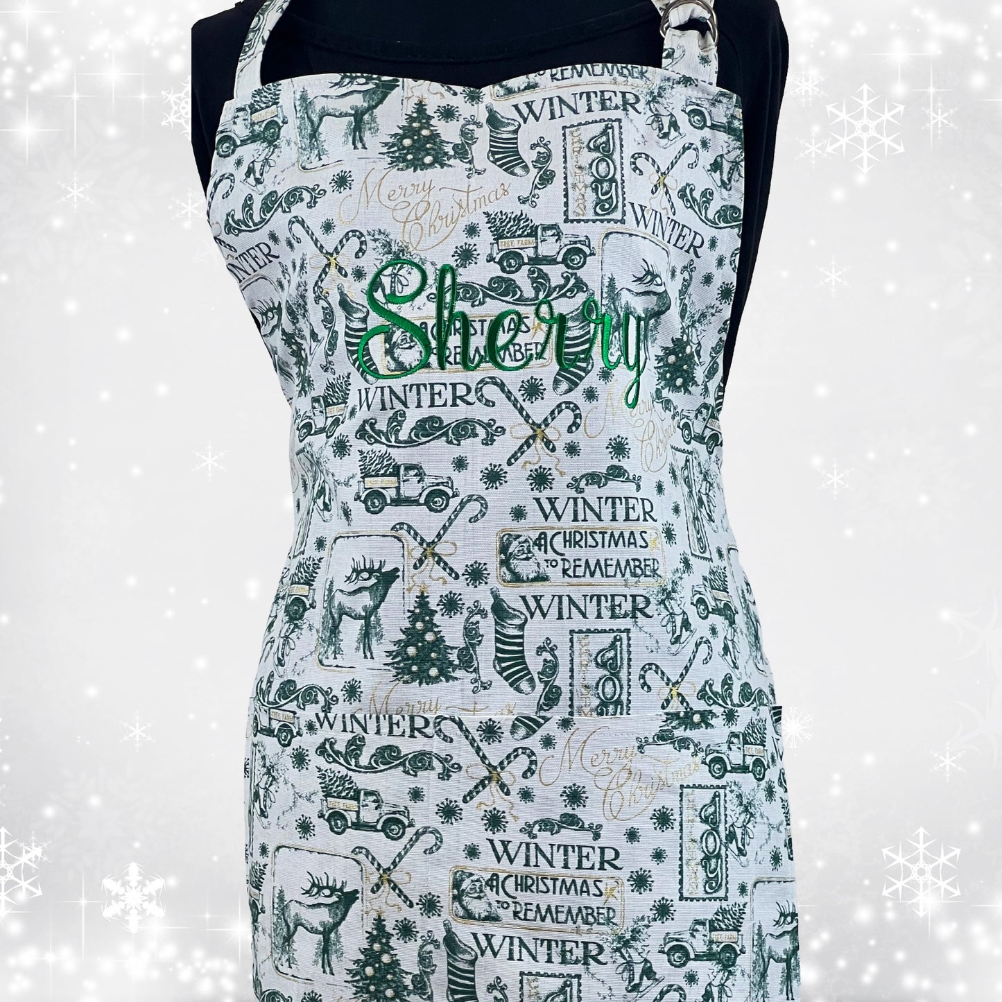 Christmas Apron for Adult and Marching Child Apron Including Plus Size with Personalized Embroidery Green Vintage