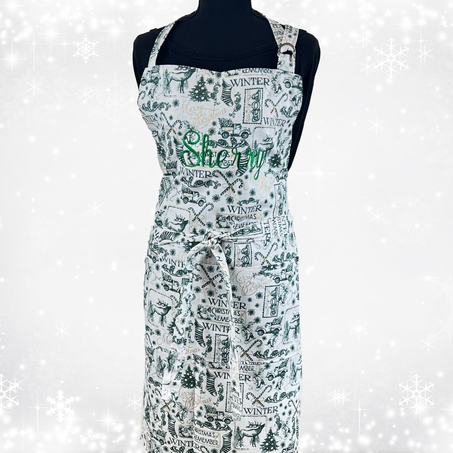 Christmas Apron for Adult and Marching Child Apron Including Plus Size with Personalized Embroidery Green Vintage