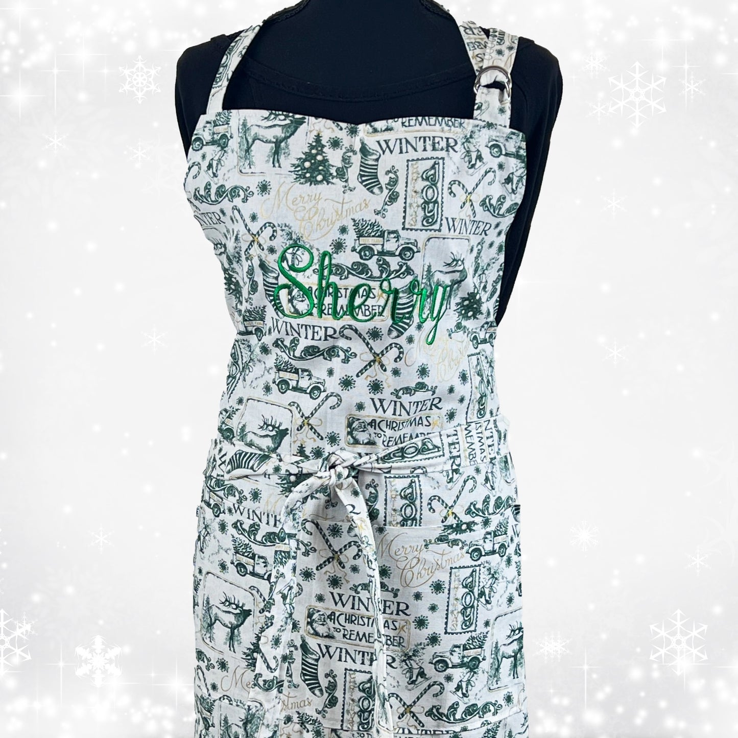 Christmas Apron for Adult and Marching Child Apron Including Plus Size with Personalized Embroidery Green Vintage