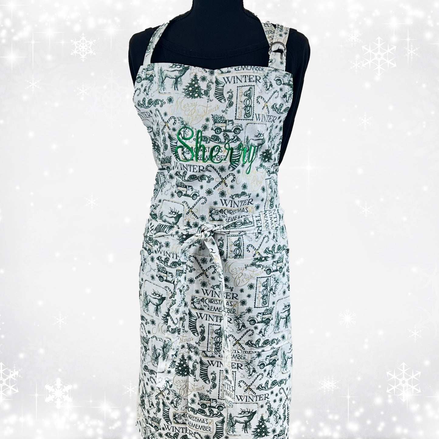 Christmas Apron for Adult and Marching Child Apron Including Plus Size with Personalized Embroidery Green Vintage