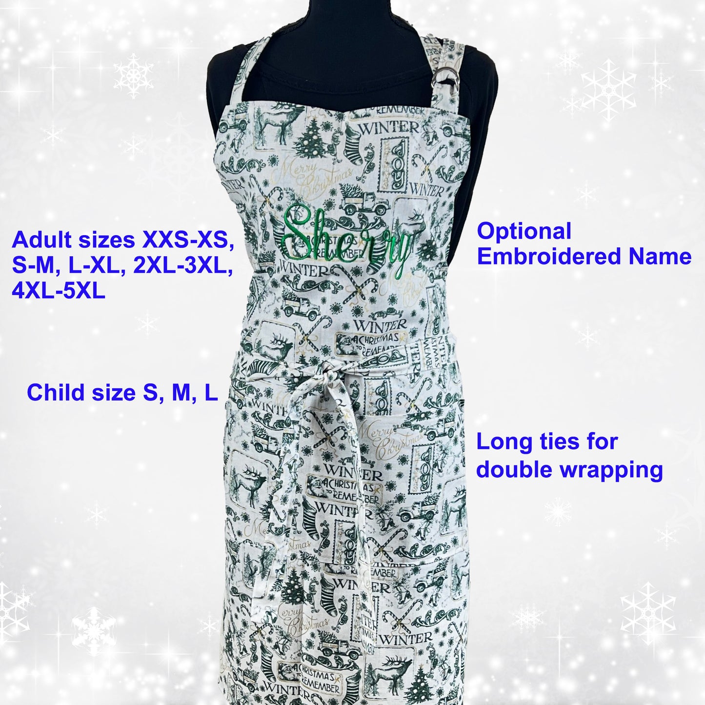 Christmas Apron for Adult and Marching Child Apron Including Plus Size with Personalized Embroidery Green Vintage