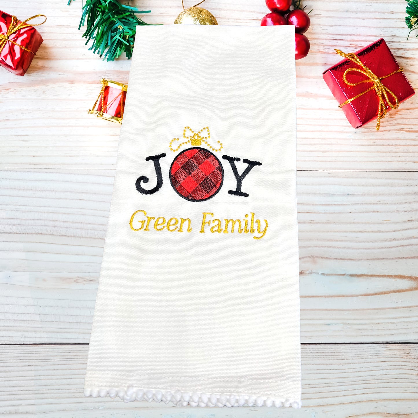 Decorative Christmas Kitchen Towel Embroidered and Personalized Joy