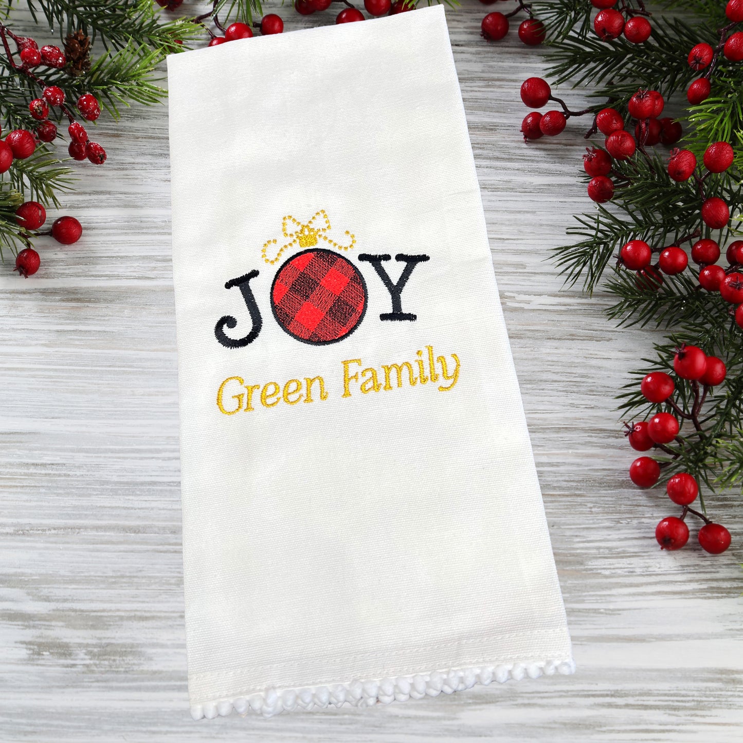 Decorative Christmas Kitchen Towel Embroidered and Personalized Joy