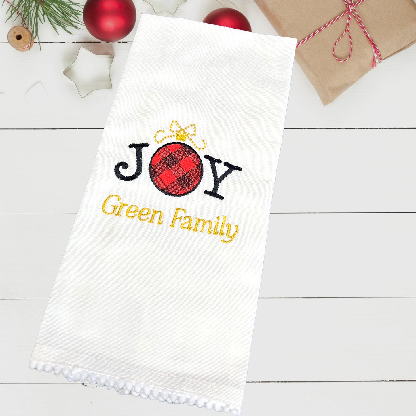 Decorative Christmas Kitchen Towel Embroidered and Personalized Joy