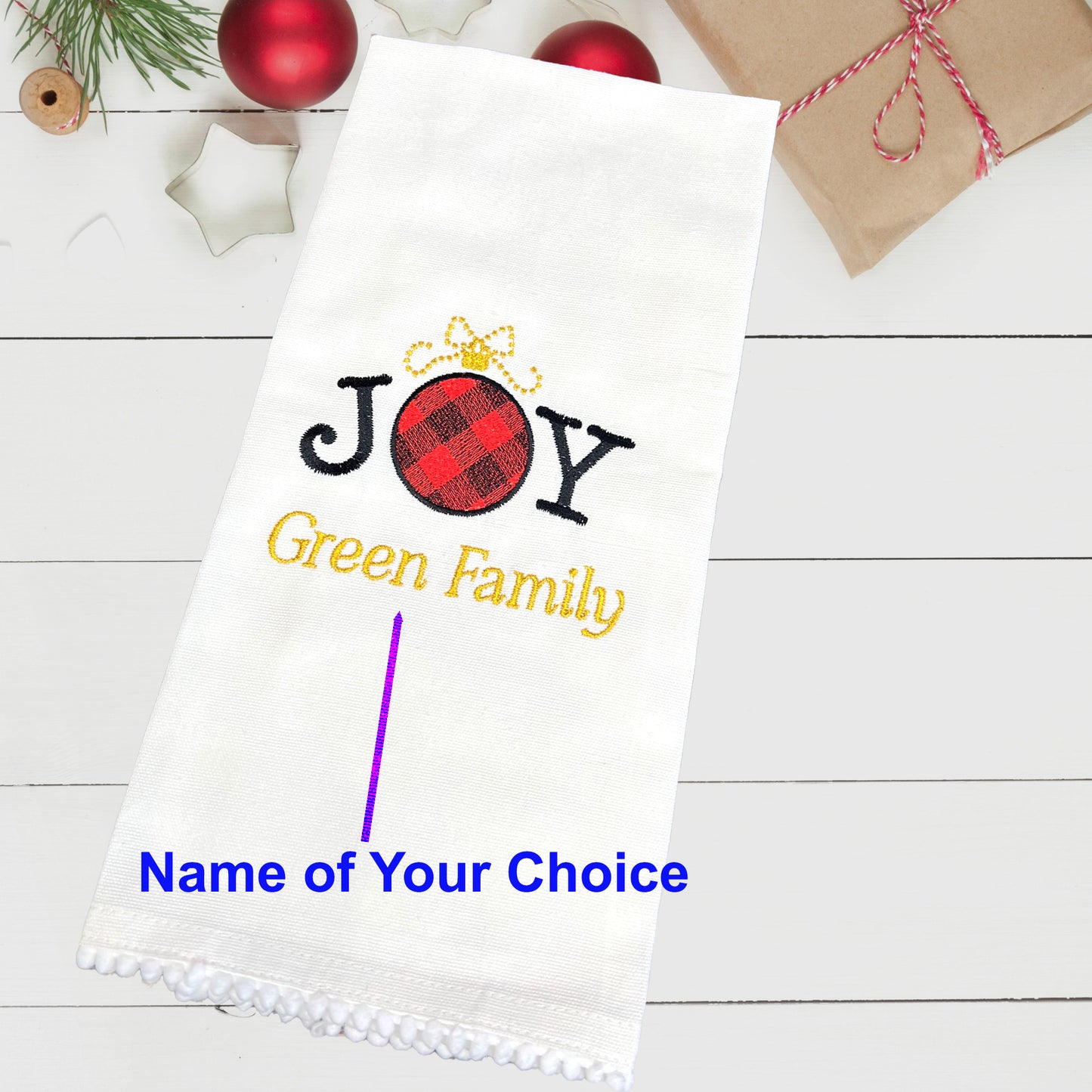 Decorative Christmas Kitchen Towel Embroidered and Personalized Joy