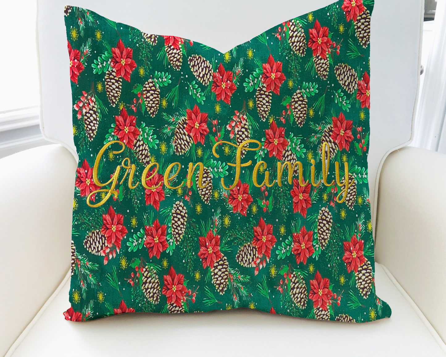 Christmas Throw Pillow Cover 16x16 or 18x18 Poinsettia Pine