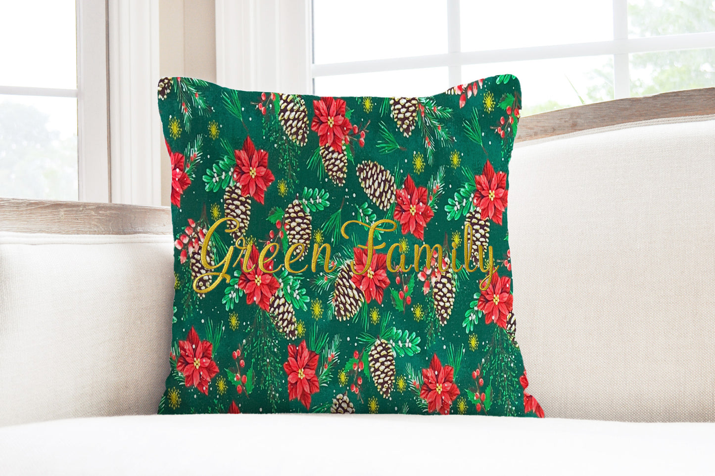 Christmas Throw Pillow Cover 16x16 or 18x18 Poinsettia Pine