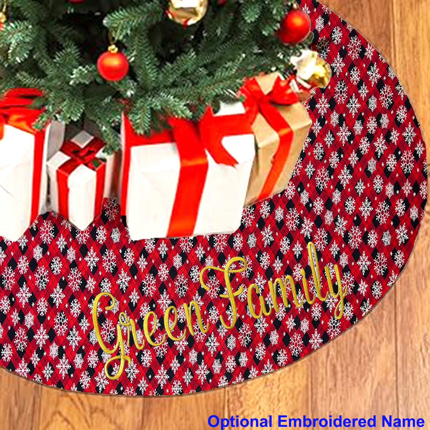 Christmas Tree Skirt Personalized Embroidered Name Red Checkered Plaid Design