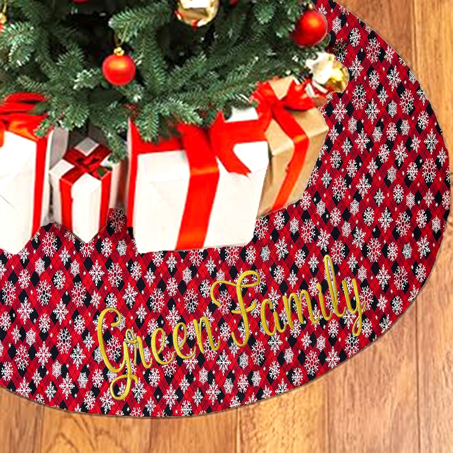 Christmas Tree Skirt Personalized Embroidered Name Red Checkered Plaid Design