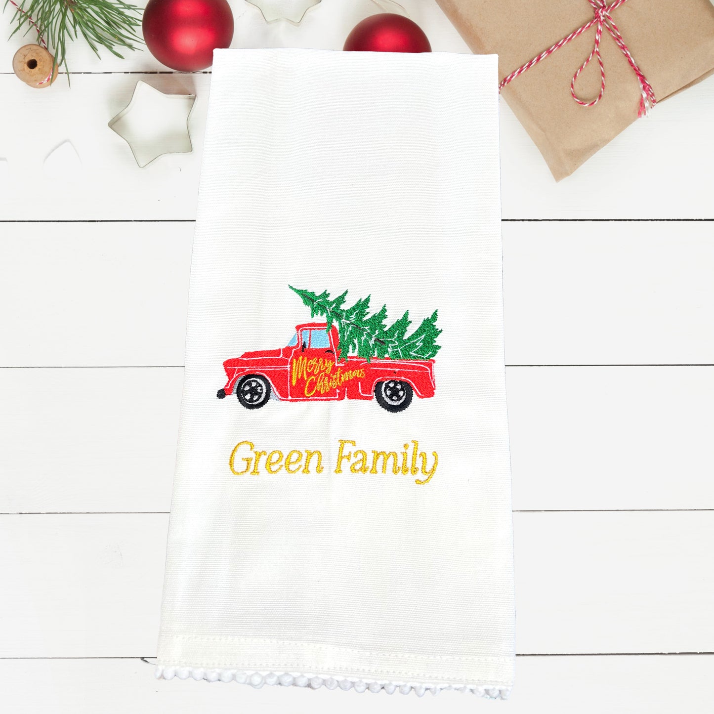 Decorative Christmas Kitchen Towel Embroidered and Personalized Vintage Truck