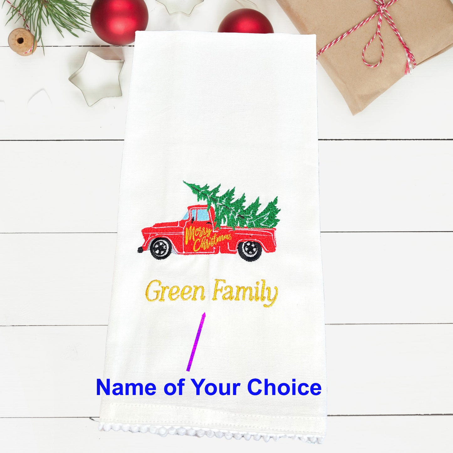 Decorative Christmas Kitchen Towel Embroidered and Personalized Vintage Truck