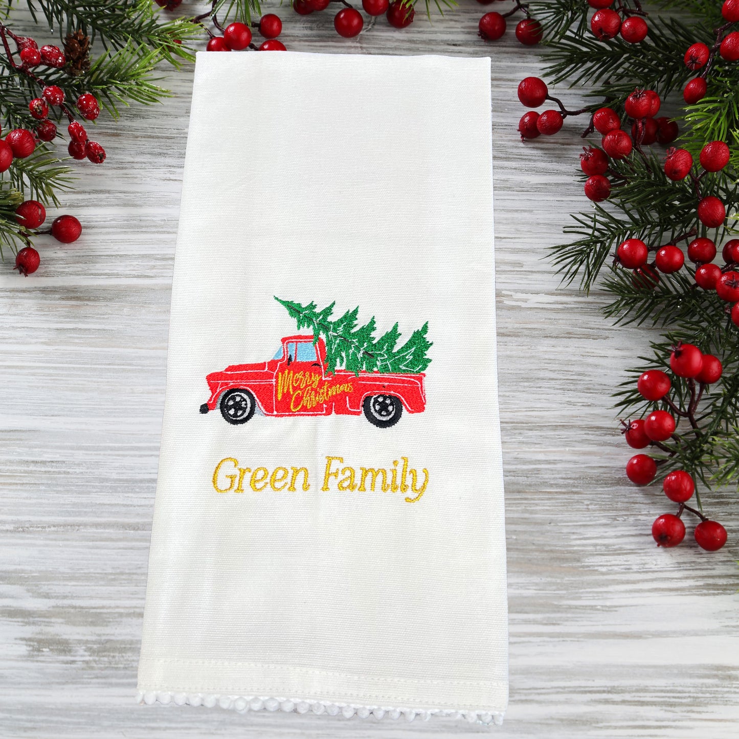 Decorative Christmas Kitchen Towel Embroidered and Personalized Vintage Truck