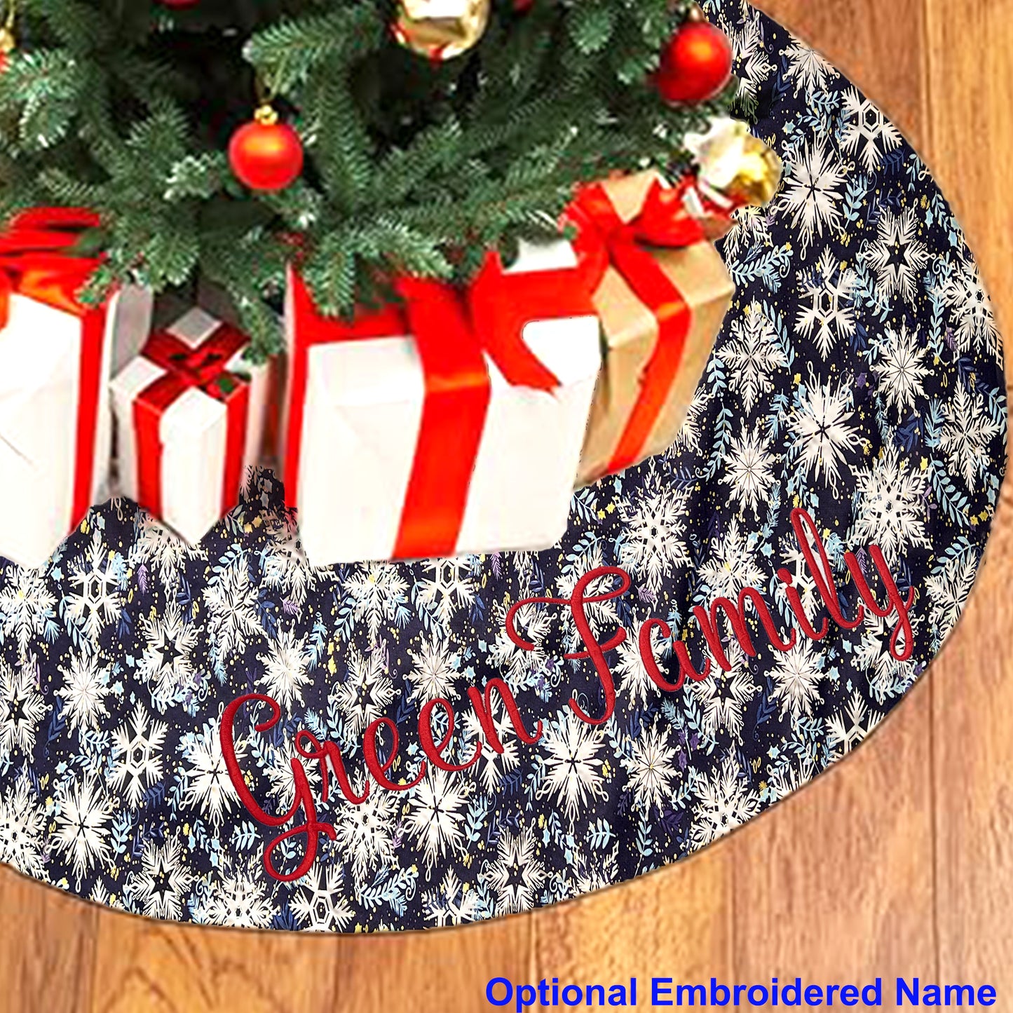 Christmas Tree Skirt Personalized Embroidered Name for Family Blue White Snowflake Design