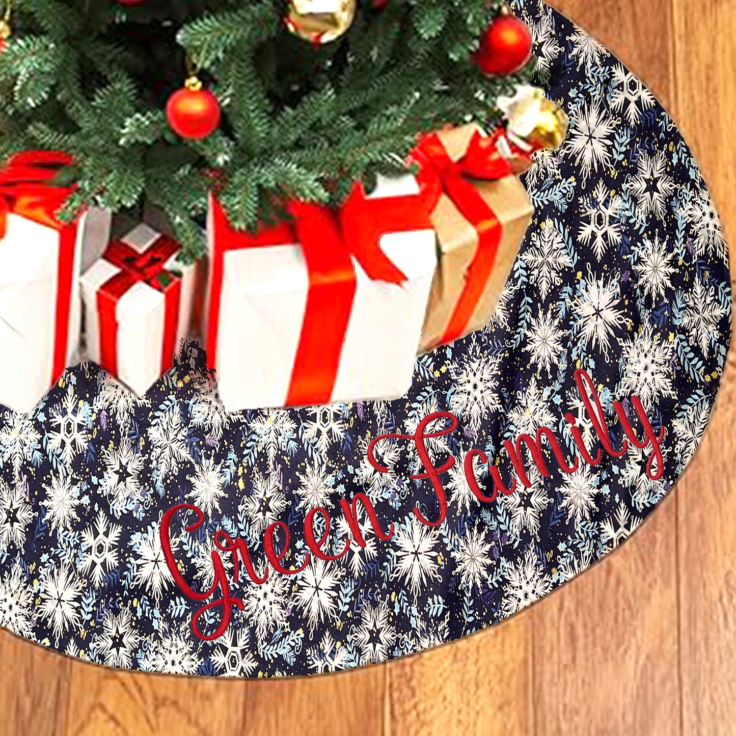 Christmas Tree Skirt Personalized Embroidered Name for Family Blue White Snowflake Design