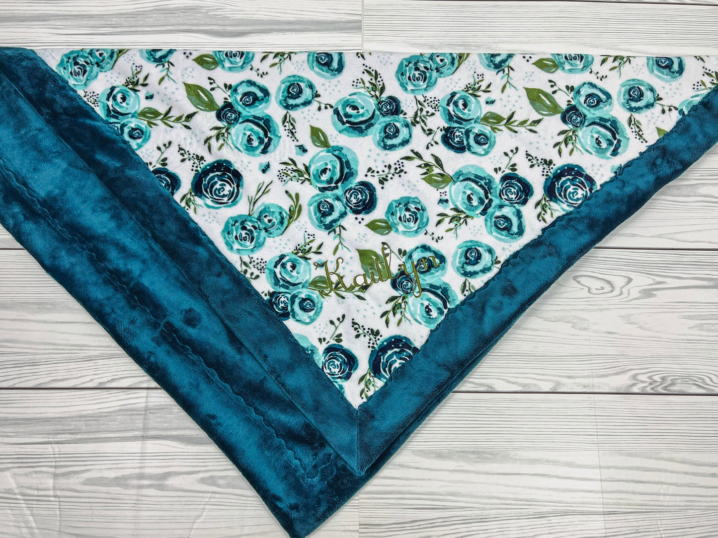 Baby Blanket Personalized with Name Teal Flowers