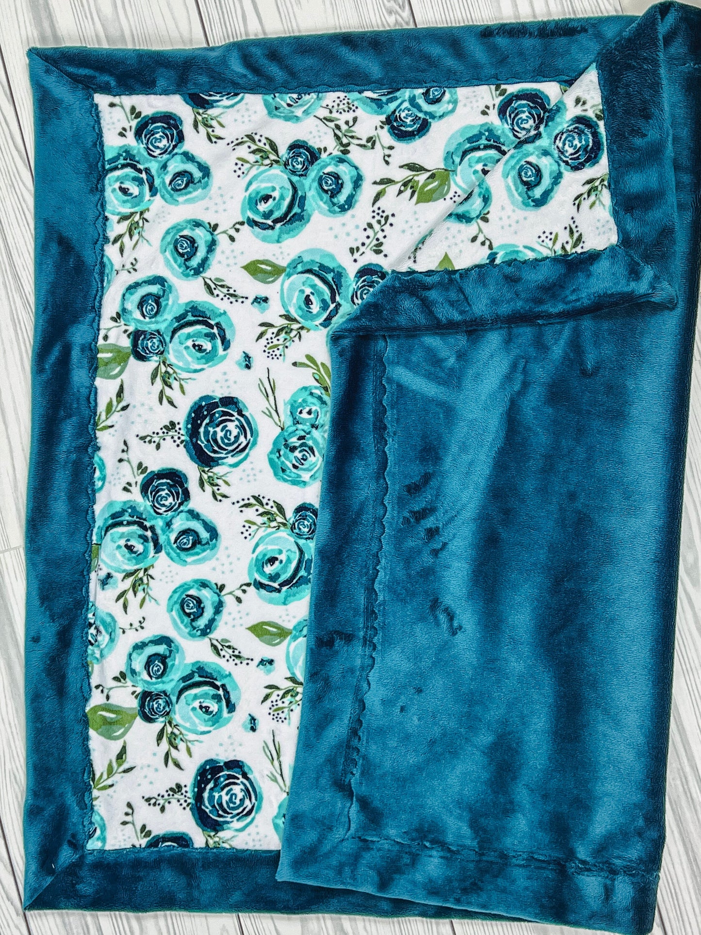 Baby Blanket Personalized with Name Teal Flowers