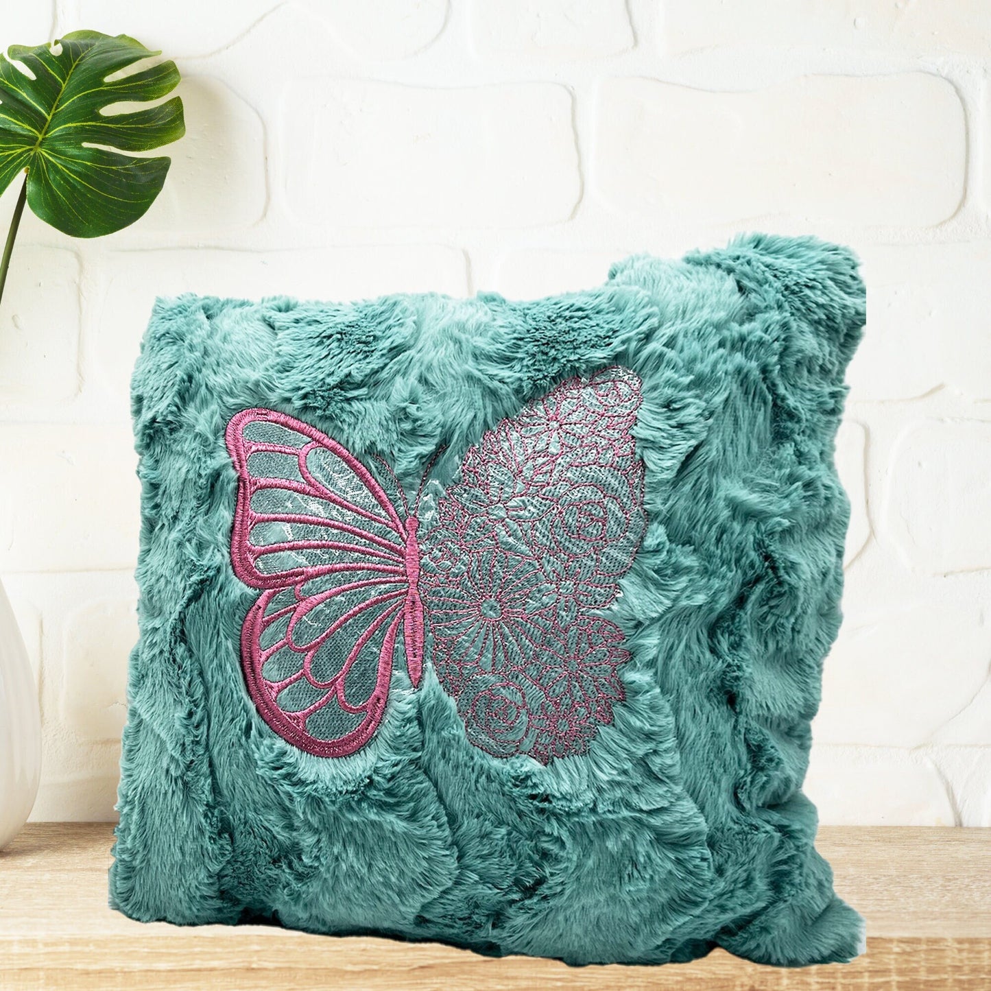 Pillow Cover Personalized Embroidered Mint Pink Butterfly