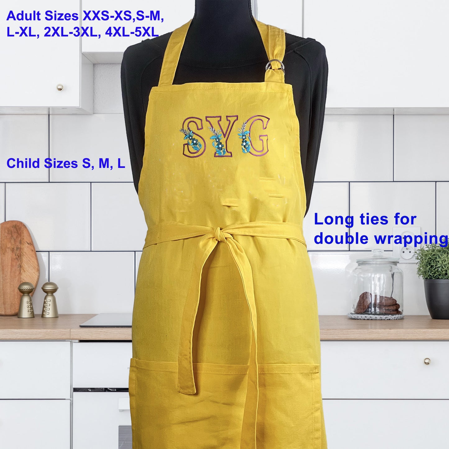 Apron for Adult Including Plus Size with Matching Child Apron Personalized with Embroidery Yellow