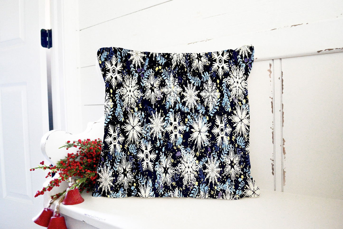 Christmas Throw Pillow Cover Blue White Snowflake