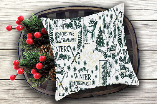 Christmas Throw Pillow Cover 16x16 or 18x18 Green Vintage Winter