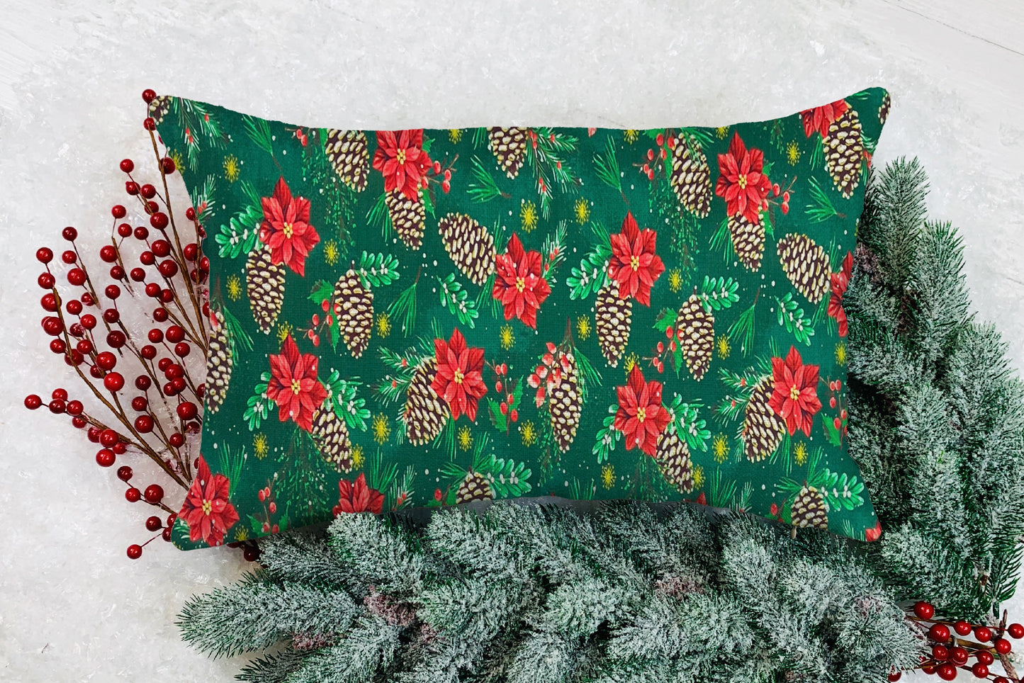 Christmas Throw Pillow Cover 16x16 or 18x18 Poinsettia Pine