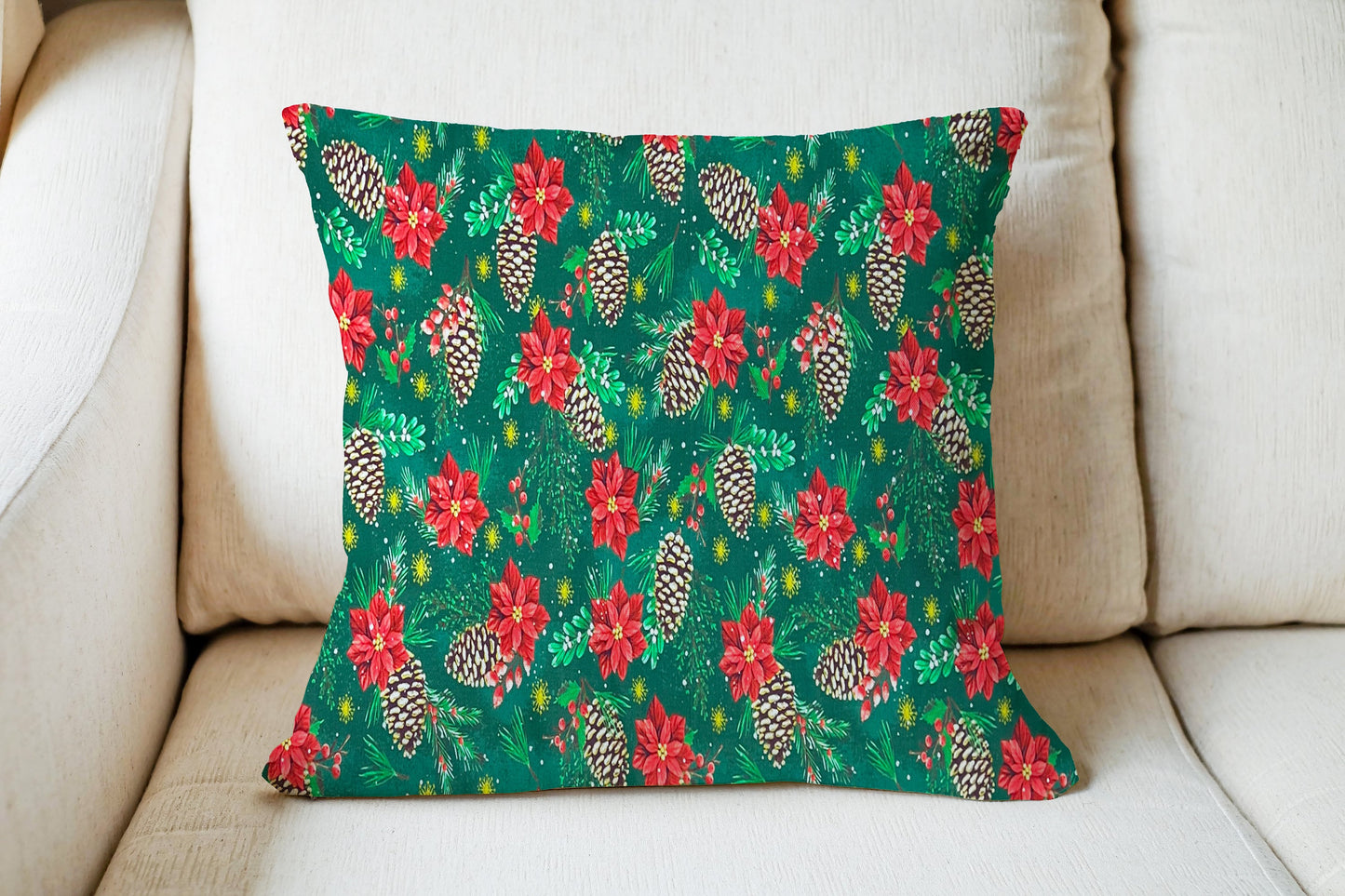 Christmas Throw Pillow Cover 16x16 or 18x18 Poinsettia Pine