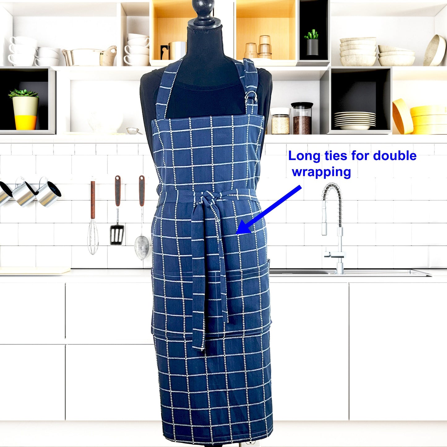 Apron for Adult including Plus Size with Matching Child Apron Personalized with Embroidery Blue White Big Checkers