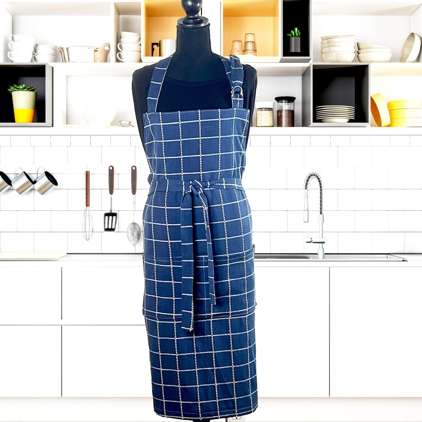 Apron for Adult including Plus Size with Matching Child Apron Personalized with Embroidery Blue White Big Checkers