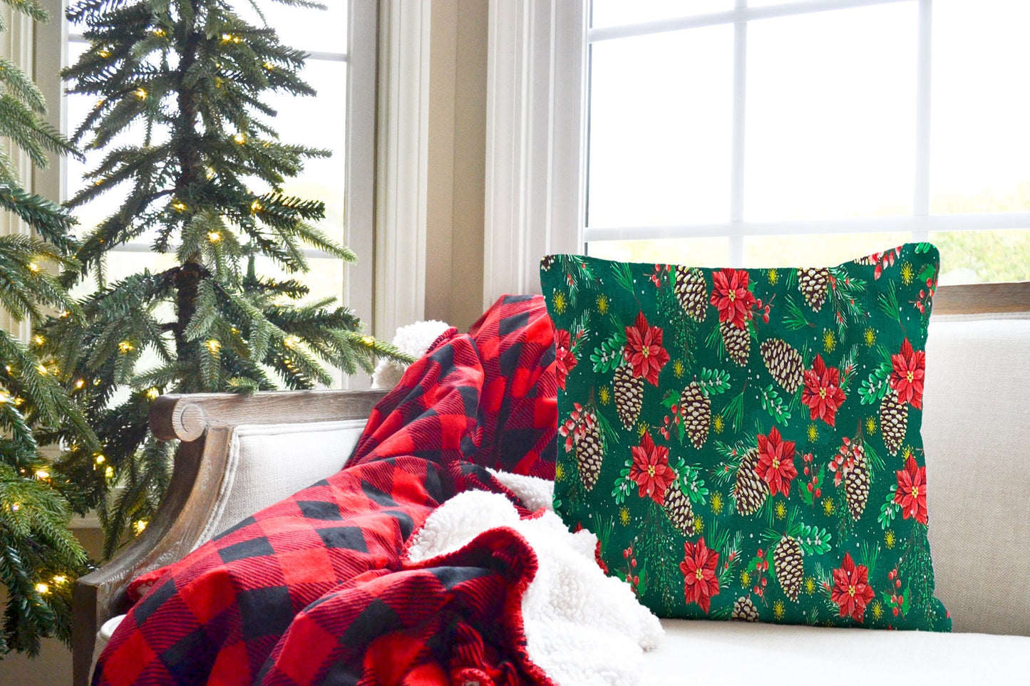 Christmas Throw Pillow Cover 16x16 or 18x18 Poinsettia Pine