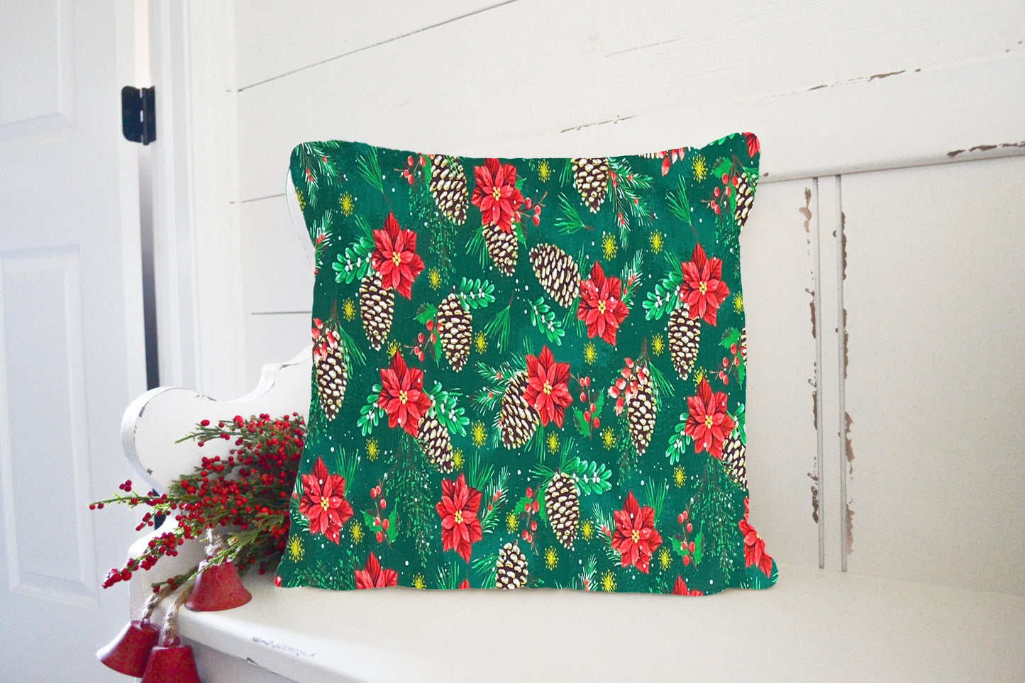 Christmas Throw Pillow Cover 16x16 or 18x18 Poinsettia Pine