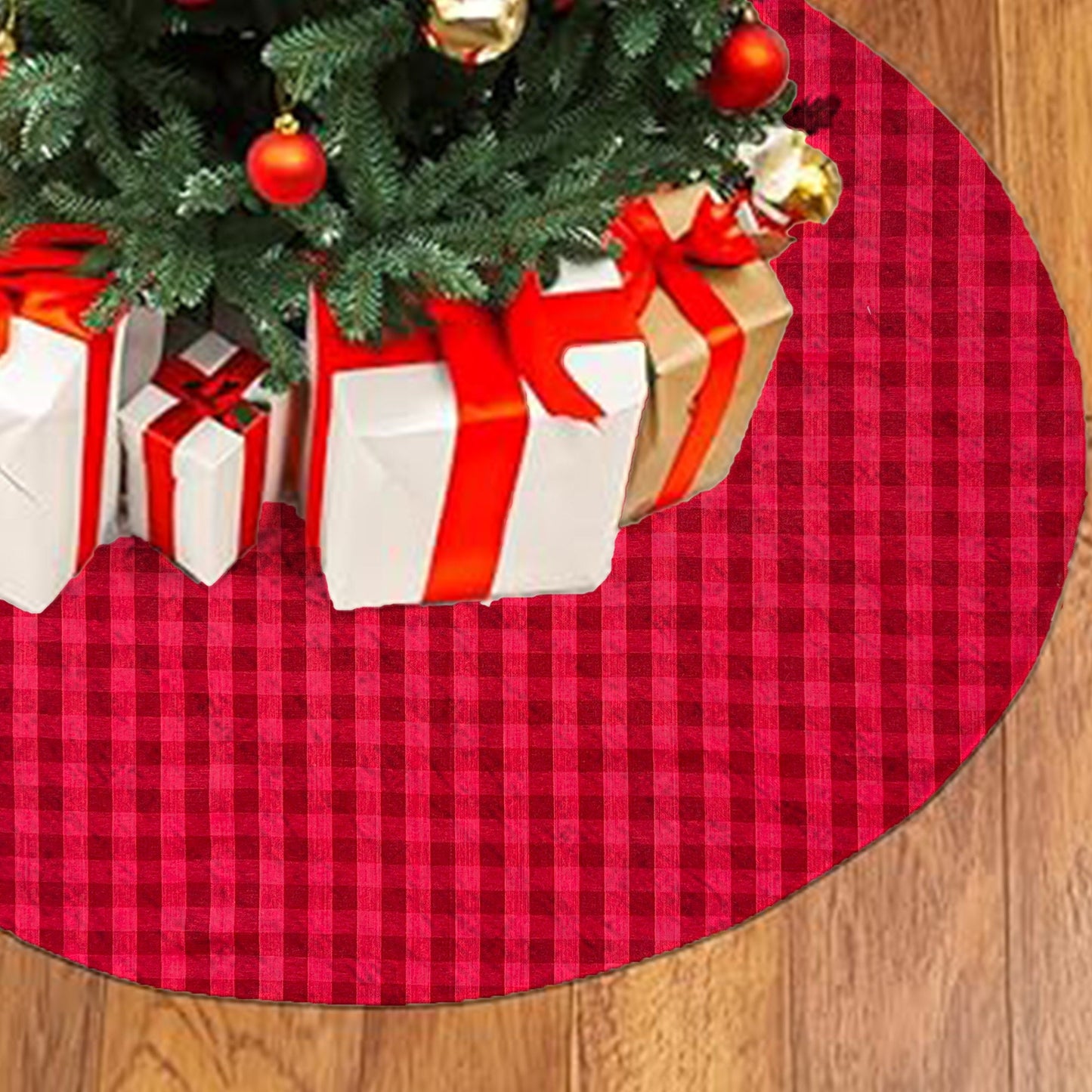 Christmas Tree Skirt Personalized Embroidered Name Light and Dark Red Checkered Design