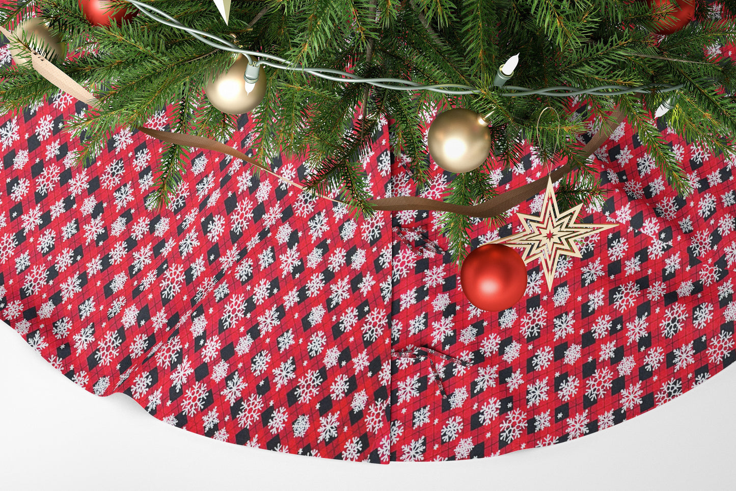 Christmas Tree Skirt Personalized Embroidered Name Red Checkered Plaid Design