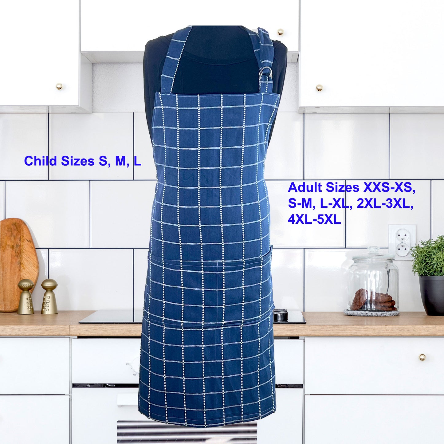 Apron for Adult including Plus Size with Matching Child Apron Personalized with Embroidery Blue White Big Checkers